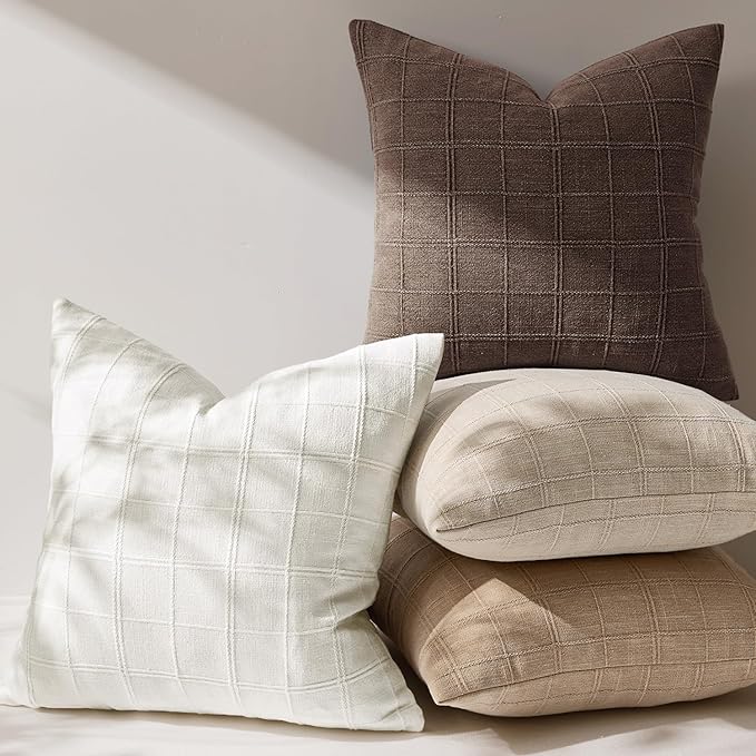 Woaboy Linen Check Throw Pillow Covers Brown Farmhouse Modern Boho Vintage 20x20 Inch Set of 2 Decorative Cushion Covers for Sofa Couch Bedroom Living Room Home Decor