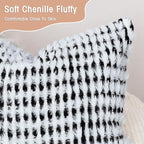 Boho Chenille Tufted Pillow Cover 14x36 Inch Set of 1, Farmhouse Striped Decorative Pillow Covers Accent Fluffy Neutral Long Body Bolster Pillow for Couch Sofa Bedroom Living Room, Black White