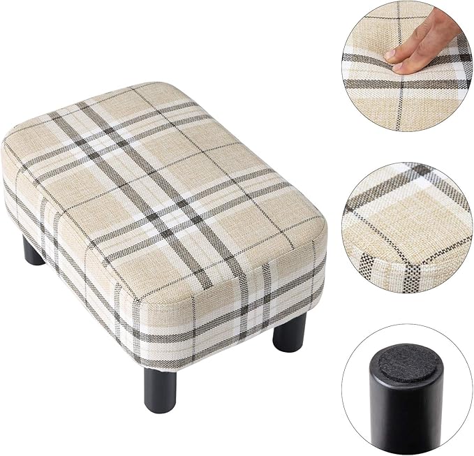 IBUYKE 16.54" Small Footstool, Linen Fabric Pouf, with Padded Seat Pine Wood Legs and Padded Rectangular Stool, for Bedroom, Stripe RF-BD215