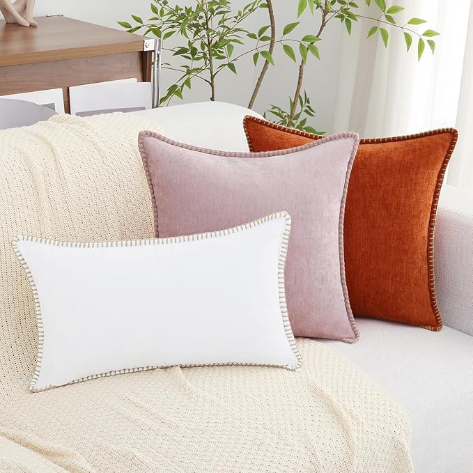 decorUhome Summer Chenille Soft Cozy Throw Pillow Covers 12x20 Set of 2, Modern Farmhouse Boho Velvet Decorative Pillow Cases with Stitched Edge for Couch Sofa Bed Home Decor, White