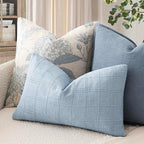 Foindtower Set of 2 Decorative Linen Check Throw Pillow Covers Neutral Farmhouse Lumbar Cushion Covers Modern Boho Accent Home Decor for Sofa Chair Couch Bedroom Living Room,12×20 Inch,Sky Blue