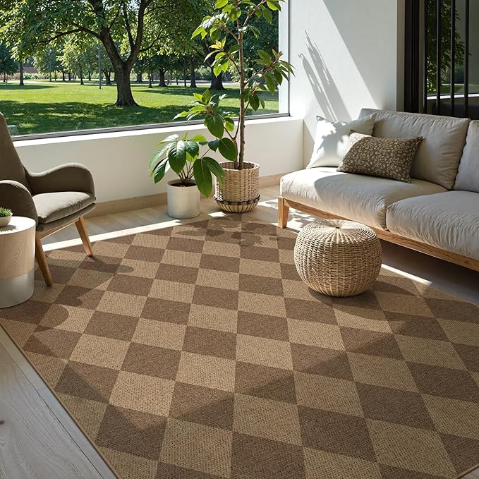 Lanffia Checkered Easy Jute Outdoor Rug, 5x7 Washable Rugs for Dining Room, Nature Non Slip Geometric Carpet for Living Room, Farmhouse Indoor Outdoor Rug for Home Office Backyard Patio