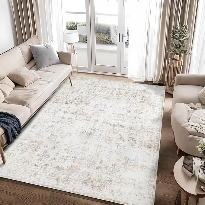 Washable 6×9 Area Rug for Living Room, Vintage Floral Rug Soft Non Slip Stain Resistant Boho Carpet for Indoor Bedroom Dinning Room Home Office Beige