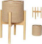 Plant Basket with Stand, Indoor Round Wicker Basket Plant with Bamboo Wood Stand, Decorative Woven Rope Flower Indoor Planter with Legs, Boho Bamboo Wood Planter Holder (Jute)