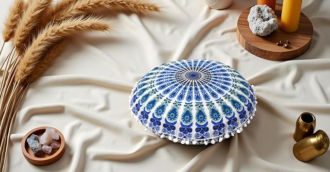 CRAFT KALA Large Round Bohemian Floor Pillow Pouf Cover Mandala Meditation Room Pillow Cover for Adults Boho Seating Poufs Cushion Cover for Kids Playroom 32" Round Green Sky Peacock