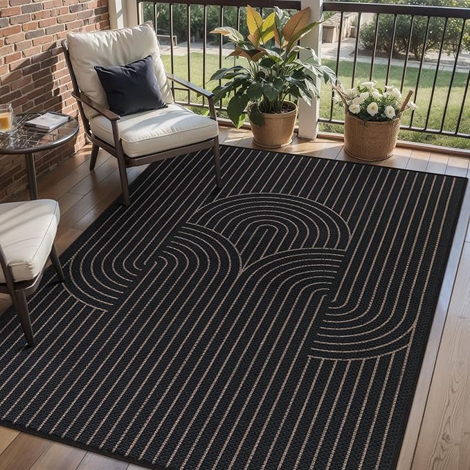 Tangsoo Black Easy Jute 3x5 Outdoor Rug for Living Room,Washable Non Slip Rubber Backing Thin Indoor Geometric Area Rug,Boho Farmhouse Throw Carpet for Front Porch Patio Entryway Balcony