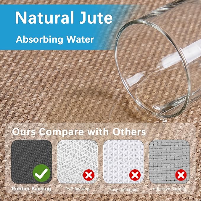 12ft Natural Jute Hallway Runner Rug Non Slip Washable, Rubber Backed Long Khaki Indoor Entryway Runner, Absorbent Kitchen Carpet Sink Rug