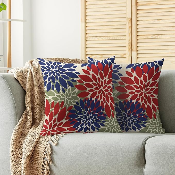 Blue Green Red Pillow Covers 22X22 Inch Set of 2, Modern Dahlia Floral Print Decorative Throw Pillow Covers Outdoor Farmhouse Cushion Case for Home Couch Sofa Bed Decoration