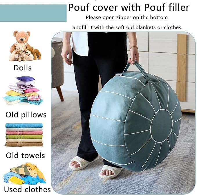 Louis Donné 21 Inch UNSTUFFED Moroccan Pouf Ottoman Cover, Handmade Faux Leather Foot Stool, Round Storage Poof Cover, Exotic Décor for Living Room Bedroom or Wedding Gifts ONLY Cover(Blue)