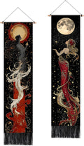 AOHMPT Pack of 2 Long Vertical Tapestry,Nature Landscape Tapestry with Serene Mountain River, Moon & Sun Motifs,Traditional Ink Painting Wall Art , Zen Aesthetic Wall Hanging for Living Room Bedroom Decor 13" W x 51" H"