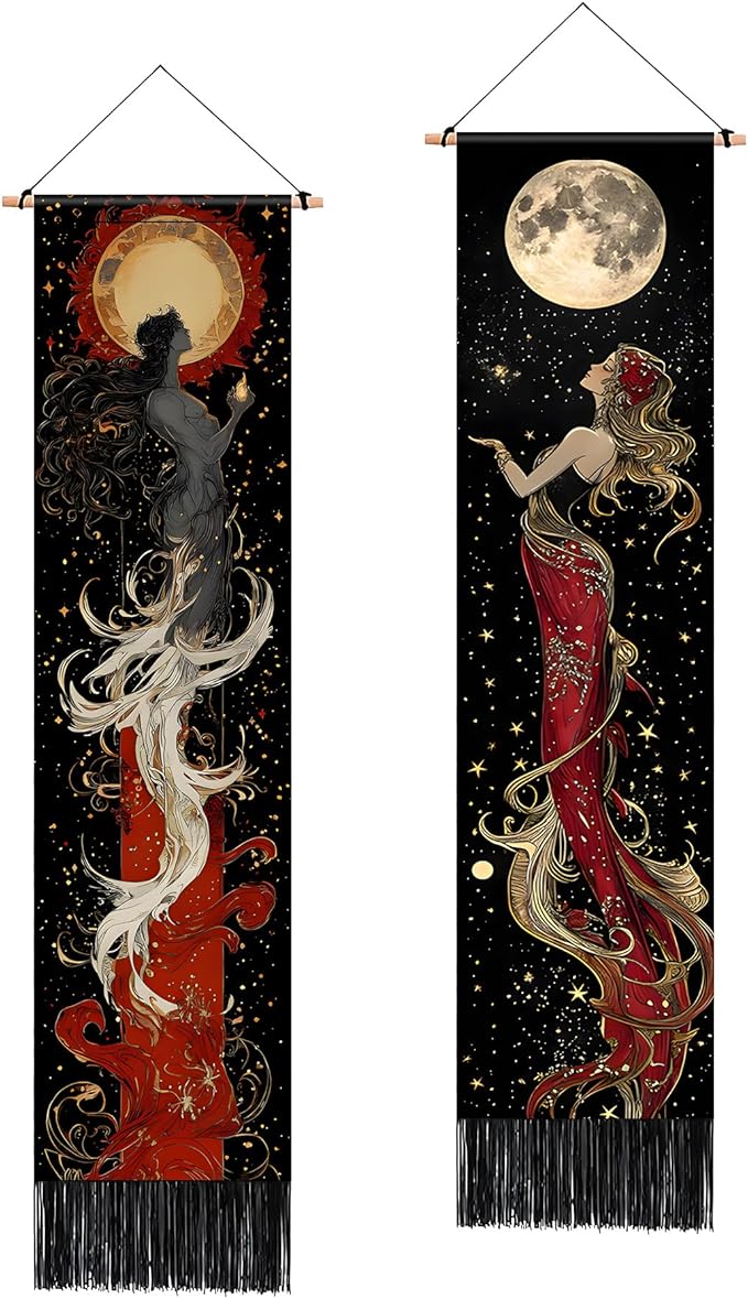 AOHMPT Pack of 2 Long Vertical Tapestry,Nature Landscape Tapestry with Serene Mountain River, Moon & Sun Motifs,Traditional Ink Painting Wall Art , Zen Aesthetic Wall Hanging for Living Room Bedroom Decor 13" W x 51" H"