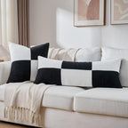 Fancy Homi Set of 2 Black White Decorative Throw Pillow Covers 18x18 Inch with for Couch Bed Sofa Living Room, Soft Cross Patchwork Striped Corduroy Modern Square Cushion Case 45x45 cm