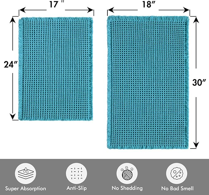 MIULEE Set of 2 Waffle Bathroom Rugs, Boho Bath Rugs Non Slip Washable, Super Absorbent Bath Mats, Ultra Soft Rubber Backed Shower Mats for Bathroom Floor, Tub, Teal, 17"x24"+18"x30"