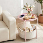 danpinera Round Side Table with Fabric Storage Basket, Metal Side Table Small Bedside Nightstand with Removable Tray Top for Living Room, Bedroom, Nursery, Laundry, Light Pink