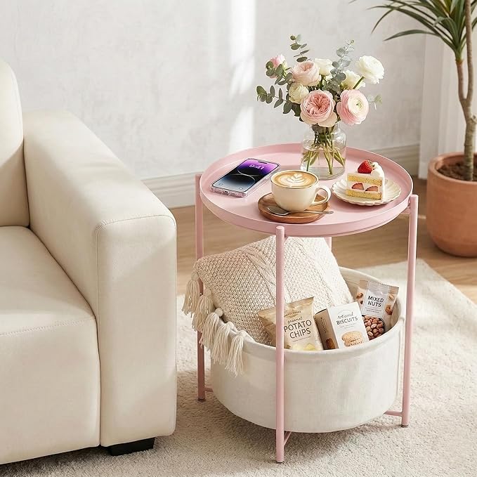 danpinera Round Side Table with Fabric Storage Basket, Metal Side Table Small Bedside Nightstand with Removable Tray Top for Living Room, Bedroom, Nursery, Laundry, Light Pink