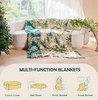 Boho Throw Blanket - 100% Cotton Throw Blankets for Bed Couch, 60"x80" Soft Muslin Lightweight Spring Throw Blanket, Cozy Plant Printed Bohemain Bedding Decor Green Throw Quilt