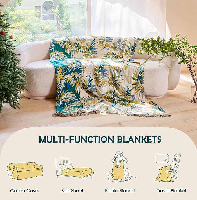 Boho Throw Blanket - 100% Cotton Throw Blankets for Bed Couch, 50"x60" Soft Muslin Lightweight Spring Throw Blanket, Cozy Plant Printed Bohemain Bedding Decor Green Throw Quilt