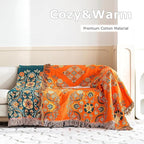 Boho Throw Blanket for Bed 100% Cotton Soft Lightweight Quilt Floral Embroidery Home Decor Spring Breathable Orange Bed Blankets,90"x98" All Season Reversible Blankets for Sofa Couch Chair