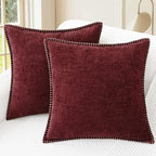 CaliTime Christmas Throw Pillow Covers Decorative 20 X 20 Inches Pack of 2 Cotton Thread Stitching Edges Solid Dyed Soft Chenille Cushion Cases for Couch Sofa Bed Living Room Farmhouse Burgundy