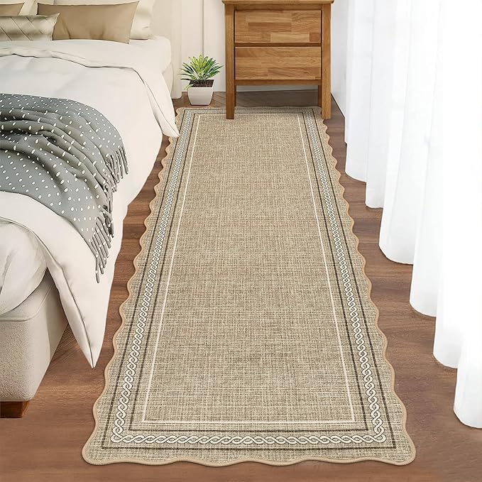 GarveeHome Scalloped Washable Runner Rug 2x6 Hallway Runner Non Slip Kitchen Rugs Soft Non Shedding Low Pile Entryway Rug Stain Resistant Carpet for Bath Laundry Room, Jute