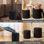 Round Ottoman with Storage Set of 2 - Upholstered Sherpa Vanity Stool for Makeup Multifunctional Ottomans Coffee Table Padded Seat Foot Rest for Living Room & Bedroom (Sherpa, Black)