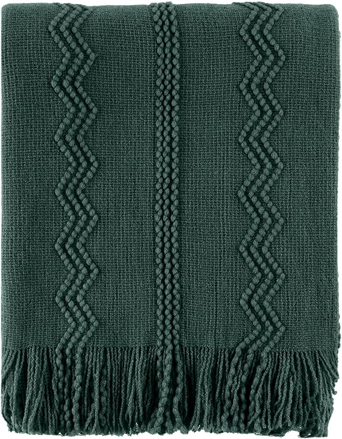 BATTILO HOME Christmas Décor Green Throw Blanket with Fringe, Geometric Bed Throws Dark Green Throws Decorative Throw Blanket for Couch, 50"x60"