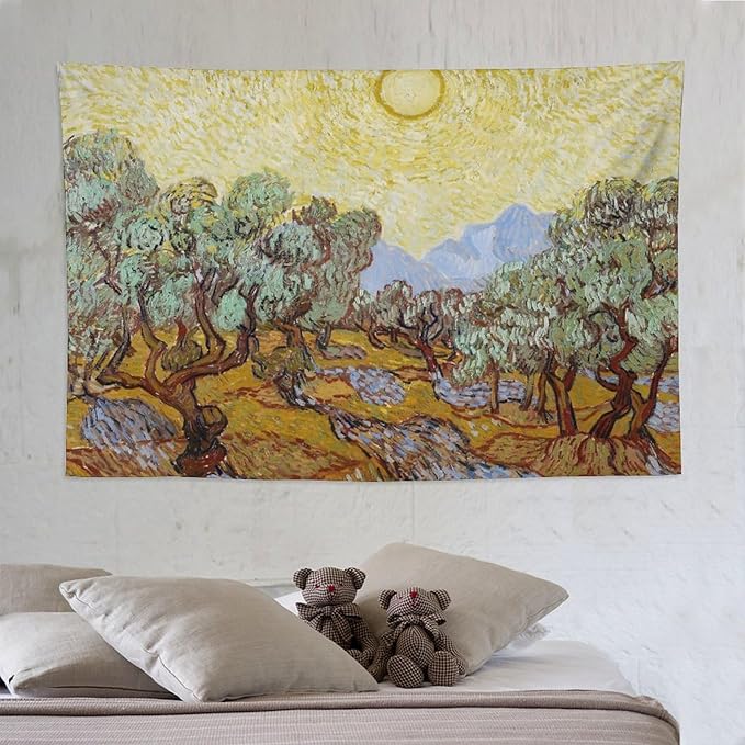 Van Gogh Olive Trees Tapestry Wall Hanging, Vintage Art Wall Decor for Bedroom, Dorm, Living Room, Aesthetic Polyester Tapestry with Hanging Accessories, 60x90 Inch