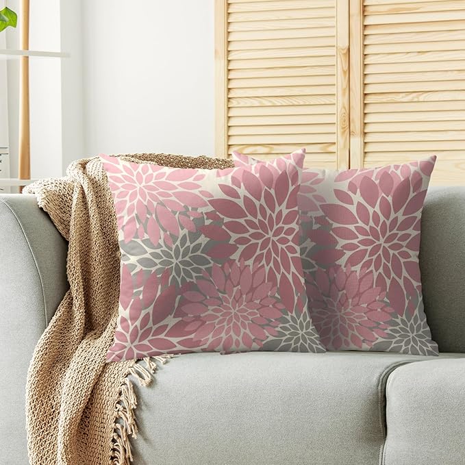 Pink Grey Gray Pillow Covers 16X16 Inch Set of 2, Dahlia Flower Spring Summer Floral Cream Decorative Throw Pillow Covers Outdoor Modern Farmhouse Cushion Case for Home Couch Sofa Bed Decor