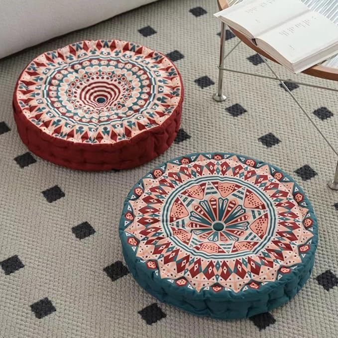 MOJUN Boho Floor Pillows Cushion, Round Meditation Floor Pillow Seating Cushion for Adults and Kids Bohemian Home Decorative Floor Cushions for Yoga Living Room Chair Tatami (Red, 17.7inch)