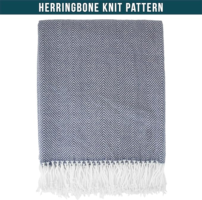 PAVILIA Herringbone Blanket Throw with Fringe,Faux Cashmere Knitted Throw with Tassels for Couch Bed,Decorative Farmhouse Soft Lightweight Plush Fuzzy Cozy,50x60,Herringbone - Navy Blue