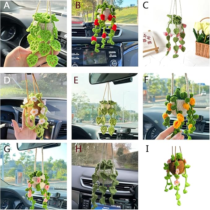 Crochet Hanging Plant for Car Mirror, Cute Accessories, Knitted Boho Hanger Basket (G)