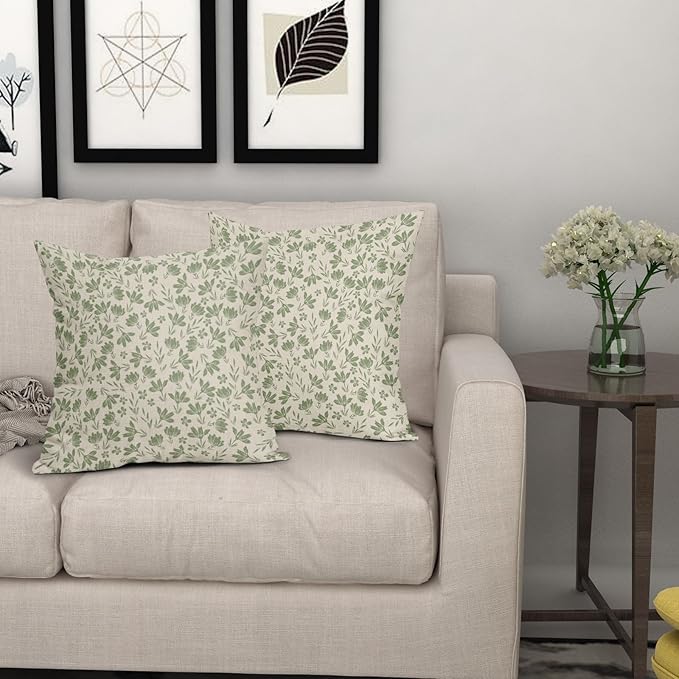 Sage Green Floral Pillow Covers 16x16 Set of 2 Spring Vintage Rustic Old Style Cute Flower Green Cream Print Decorative Outdoor Pillowcases Farmhouse Throw Cushion Case Decor for Couch Sofa Bed