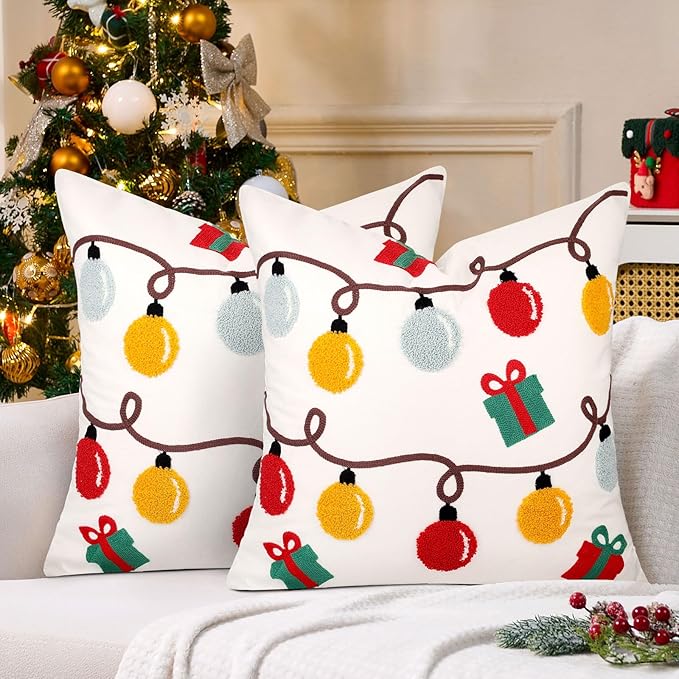 Christmas Embroidered Throw Pillow Covers Farmhouse Tufted Pillow Covers Winter Holiday Decorative Couch Covers 16x16 Christmas Lights Square Cushion Cases Set of 2 for Living Room Couch Sofa Bed