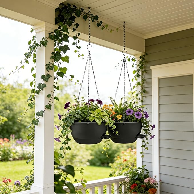 12 Inch Self Watering Hanging Planters 2 Pack, Indoor Outdoor Hanging Pots for Plants with Drainage Holes & Saucers, Black Plastic Hanging Baskets for Kitchen Balcony Garden