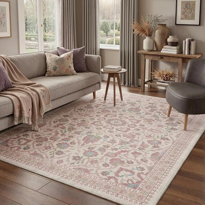 GENIMO 5x7 Area Rugs for Living Room, Machine Washable Non Slip Vintage Rugs, Low Pile Lightweight Chenille Print Rug for Bedroom, Dining Room, Home Office, Dusty Rose