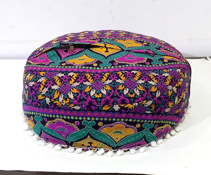 INDIAN CRAFT CASTLE ICC Floor Pillows & Cushion Covers Decorative Hippie Mandala Pouf Pillow Covers Seating Meditation Cushion Cover Large Boho Ottoman Case Pillowcase Couch New Pink, 18" Round