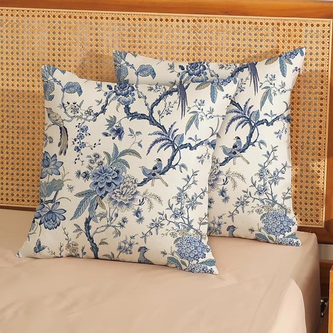 Chinoiserie Floral Bird Pillow Covers 16x16 Set of 2 Spring Chinoiserie Flowers Decorative Pillowcase Outdoor Blue and Cream Throw Pillows Farmhouse Linen Cushion Case for Couch Home Decor