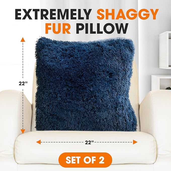 Cheer Collection Throw Pillows for Couch and Bed, Soft Shaggy Throw Pillows with Inserts Included, Cozy Long Hair Faux Fur Pillows - Set of 2-22" x 22" Navy