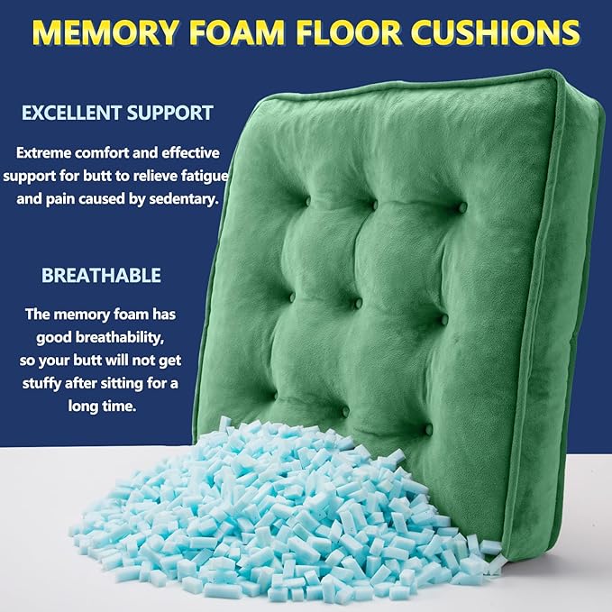 Floor Pillow Set of 2, Memory Foam Meditation Cushion, Floor Cushions for Adults Sitting, Large Square Seat Cushions for Yoga, Living Room, 22x22 Inch (Green)