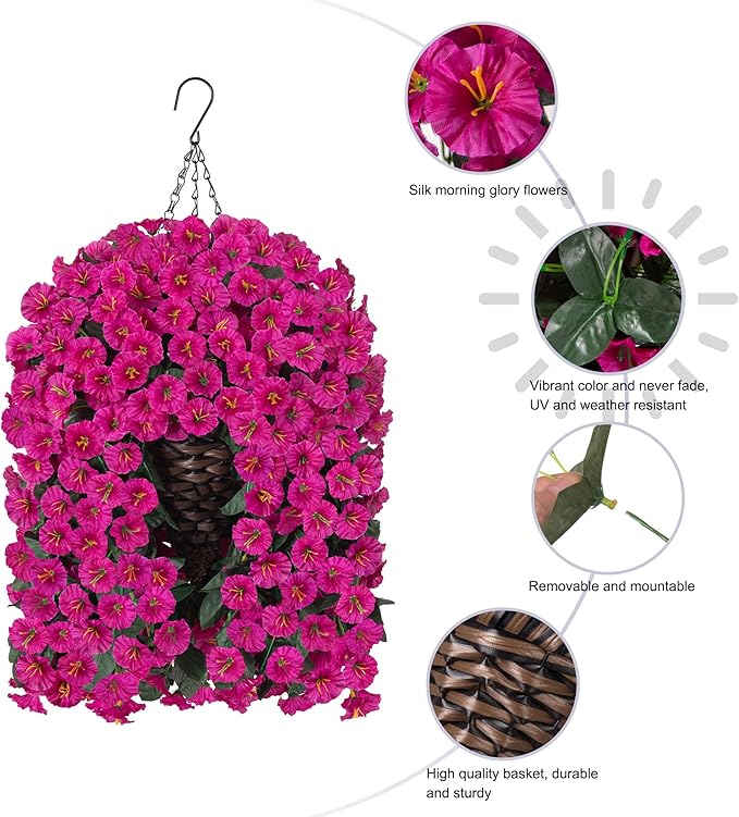 HyeFlora Artificial Fake Hanging Flowers Plants Baskets for Outdoor Outside Decoration, Faux Silk UV Resistant Realistic Fuchsia Morning Glory Planter for Home Porch Patio Balcony Garden Yard