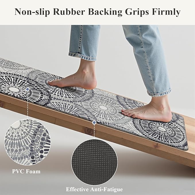 HEBE Cushioned Kitchen Mats for Floor Set of 2, Non Slip Anti Fatigue Kitchen Rugs and Mats, Floral Waterproof Comfort Foam Standing Mat Floor Carpet for Kitchen,Home Office,Sink,Laundry
