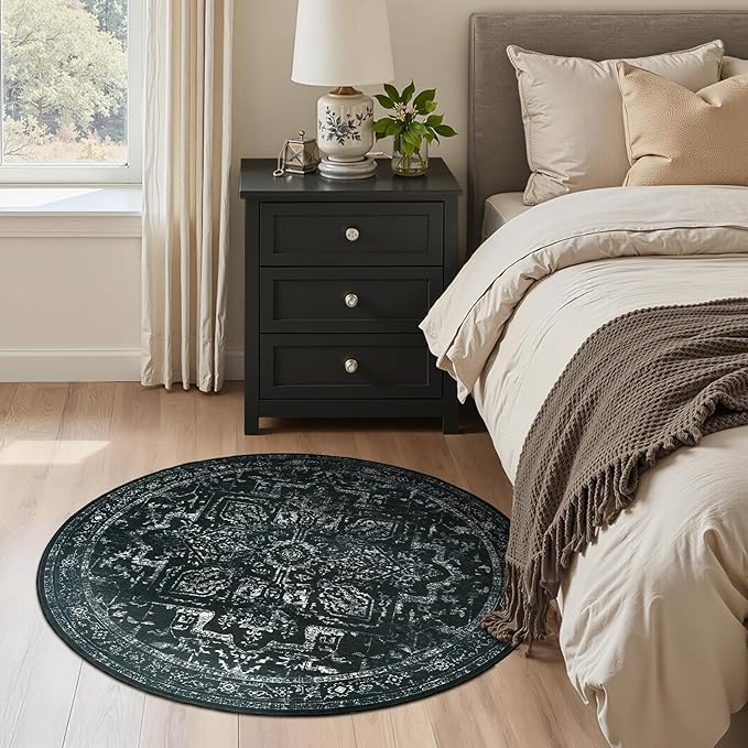 Round Rugs 4ft Black White, Low Pile Thin Washable Non Slip Small Circle Rug for Entryway Kitchen Dining Room, Tranditional Medallion Round Carpet for Bedroom Living Room
