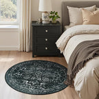 Round Rugs 4ft Black White, Low Pile Thin Washable Non Slip Small Circle Rug for Entryway Kitchen Dining Room, Tranditional Medallion Round Carpet for Bedroom Living Room