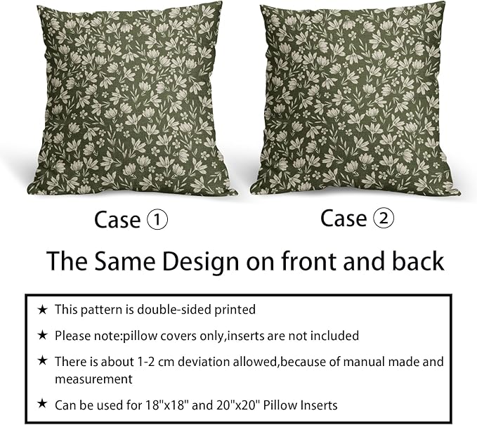 Olive Green Pillow Covers 18x18 Set of 2 Vintage Floral Rustic Old Style Cute Flower Print Decorative Outdoor Pillowcases Seasonal Farmhouse Throw Cushion Case Decor for Couch Sofa Bed
