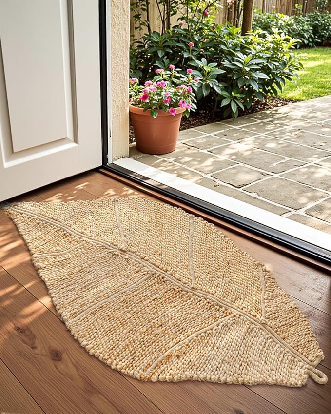 DEXI Jute Door Mat Inside Entryway Braided Woven, 20x32 Front Entrance Doormat Inside Leaf Shaped, Welcome Natural Fiber Entry Mats Farmhouse Home Decor, Beige
