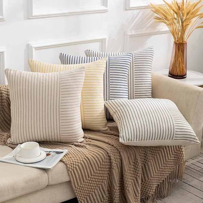 YCOLL Farmhouse Pillow Covers 20x20 Set of 2, Modern Accent Square Throw Pillow Covers, Blue and Beige Striped Patchwork Linen Decorative Pillows Cushion Covers for Couch Chair Bedroom Home Decor