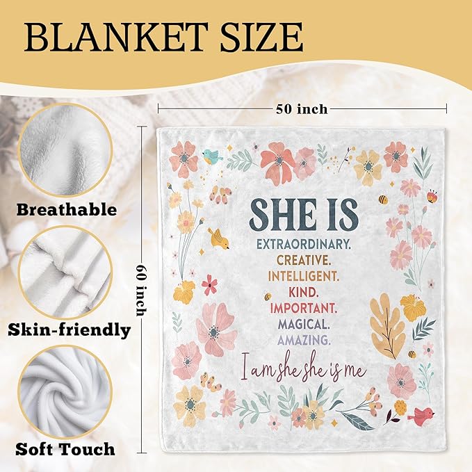 Inspirational Gifts for Women, Boho Inspirational Blanket, Birthday Gifts for Women Sister Grandma, Flower Motivational Positive Throw Blankets for Girly Room Bedroom Home Decor, 50x60 in