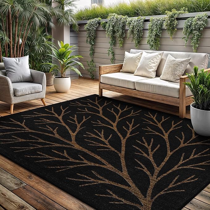 Washable Indoor Outdoor Rug 5x7 Modern Area Rugs Branch Pattern Non Shedding Waterproof Easy Clean Patio Deck Porch Living Room Bedroom Garden RV (5 X 7 Gold)