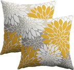 Yellow White Grey Gray Pillow Covers 18X18 Inch Set of 2, Modern Geometry Dahlia Floral Print Decorative Throw Pillow Covers Outdoor Farmhouse Cushion Case for Home Couch Sofa Bed Decoration