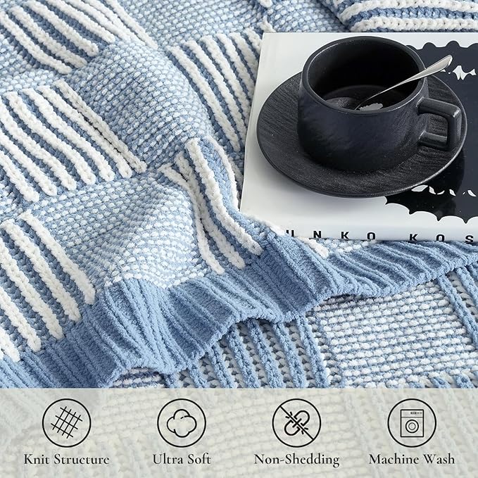 Amélie Home Checkered Knit Throw Blanket for Couch, Chenille Texture Decorative Soft Blanket for Sofa & Chair, 60"x80", Blue & Ivory